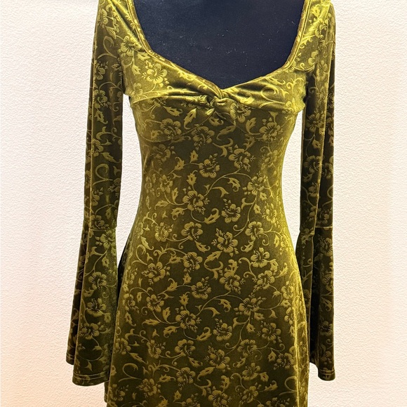 Cider Dresses & Skirts - Cider Olive Green Floral Velvet Long-Sleeve Dress